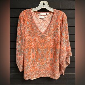 Belle by Kim Gravel Paisley V-Neck Blouse - Orange and Blue